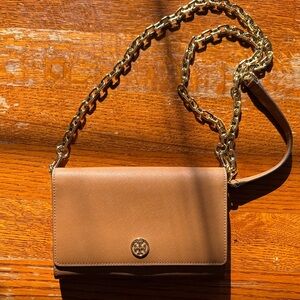 Tory Burch Robinson Brown Saffiano Leather Cross Body Chain Wallet